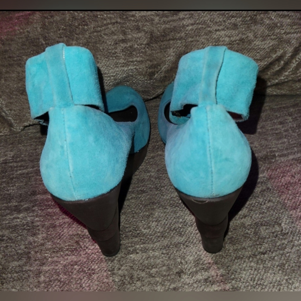 Diane Von Furstenberg Teal Suede Wedge Heels Sz 7 - Picture 2 of 9